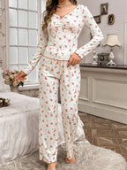 Ribbed Knit Floral Pajama Set - View 23 | TEVQA