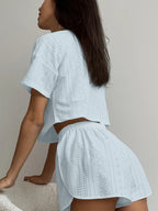 White Hollow Out Eyelet Lounge Set - TEVQA