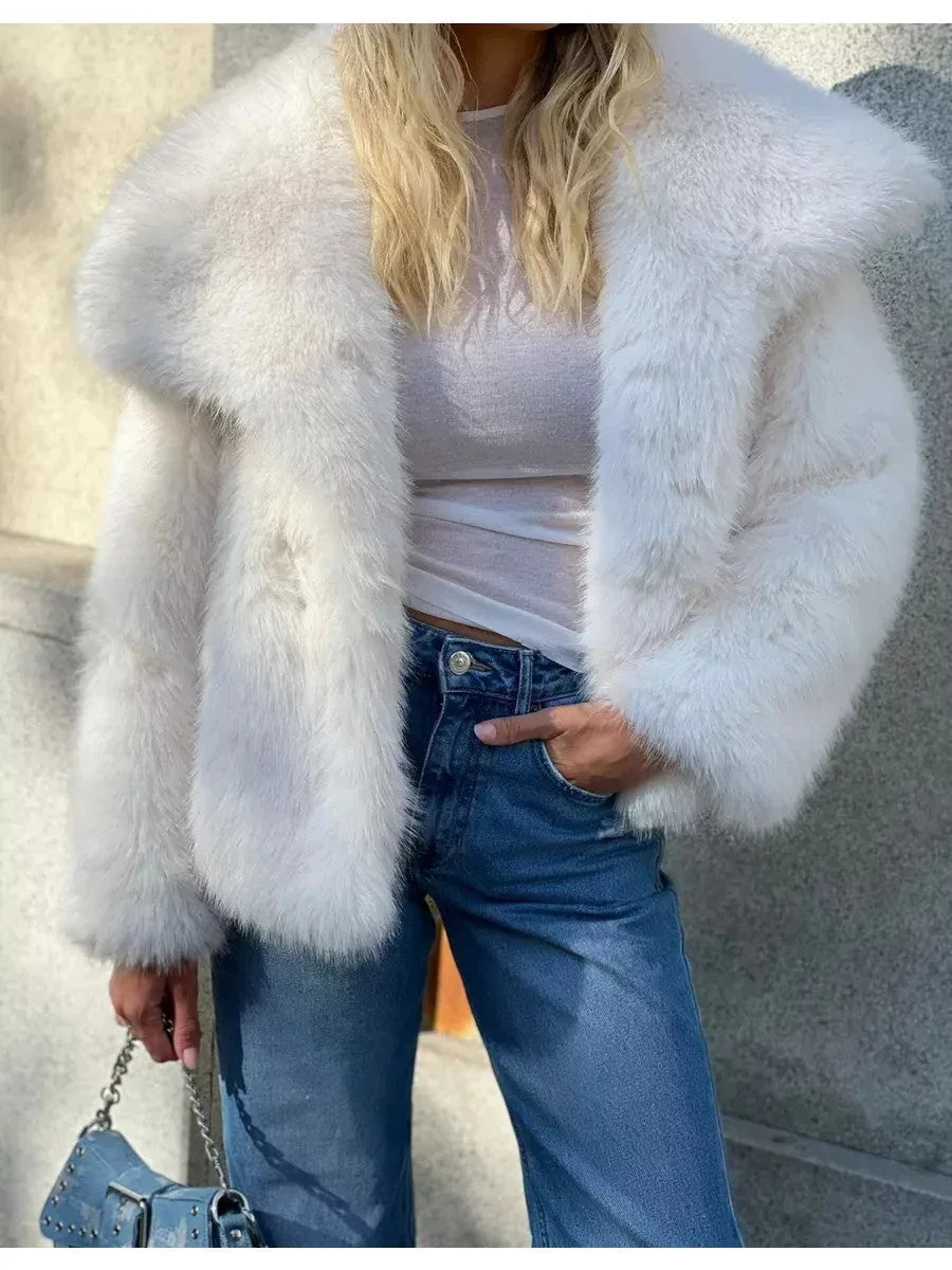Cream Puff Oversized Lapel Faux Fur Jacket - View 8 | TEVQA