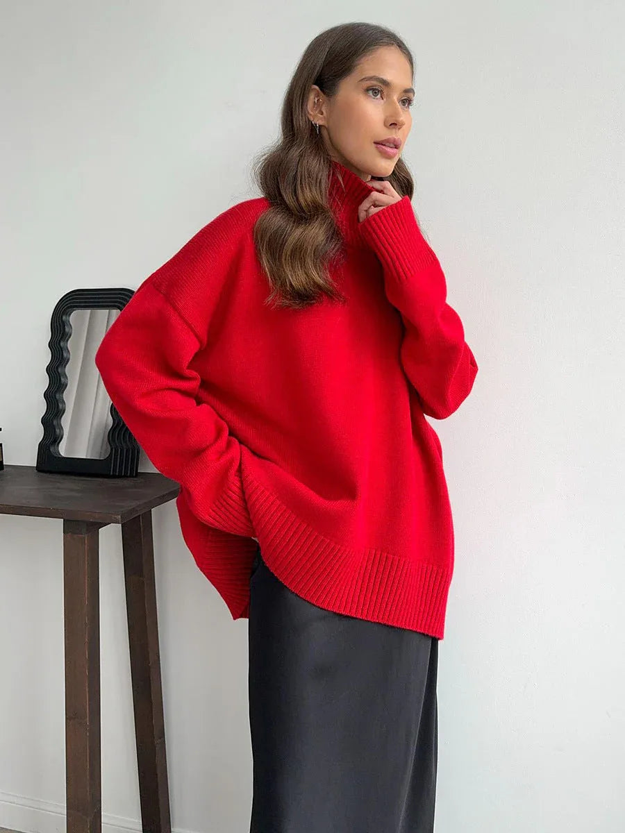 Effortless Oversized High-Neck Ribbed Knit Sweater - TEVQA