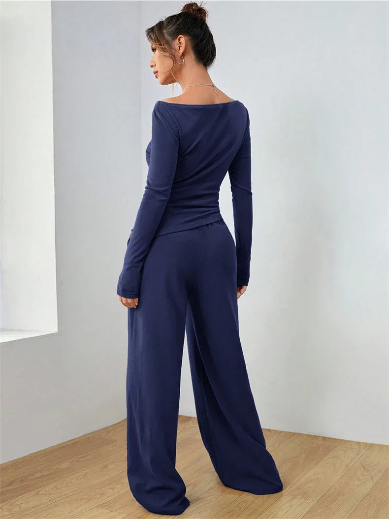 Women's Boat Neck Wide Leg Two-Piece Set - View 13 | TEVQA