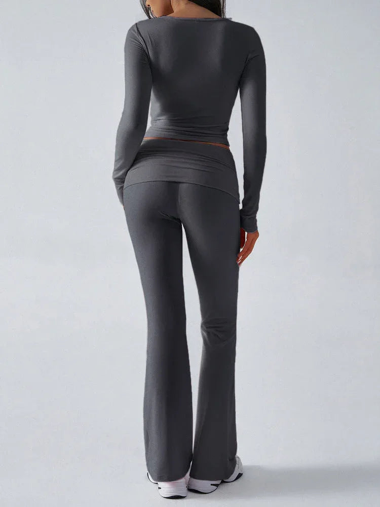 V-Neck Crop Top and Fold-Over Flare Pants Set - View 26 | TEVQA