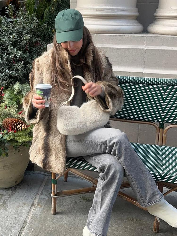 Vintage Natural Stripe Faux Fur Jacket - TEVQA