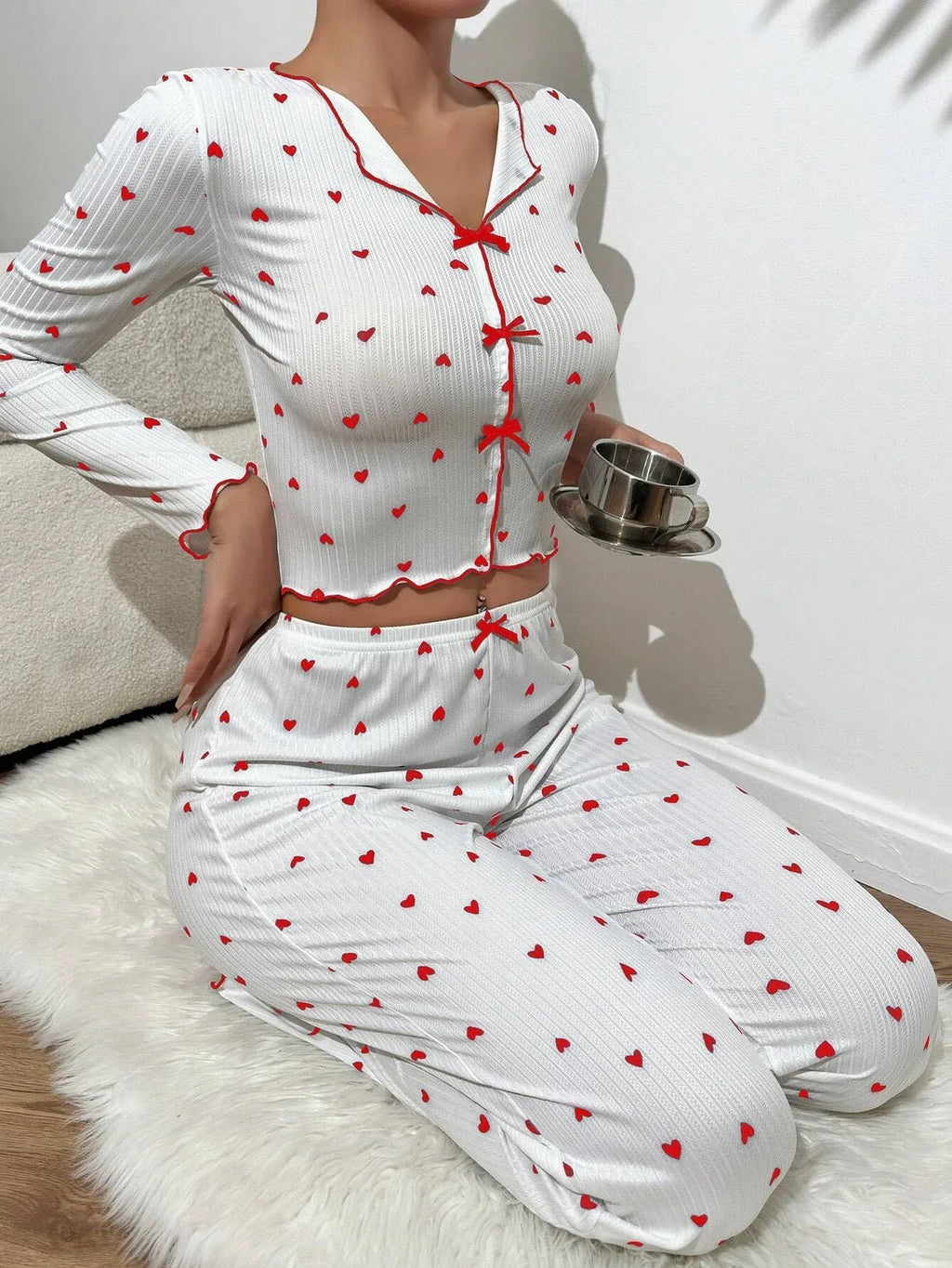 Ribbed Heart Print Pajama Set - View 15 | TEVQA