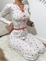 Coquette Ditsy Black Heart Print Ribbed Pajama Set