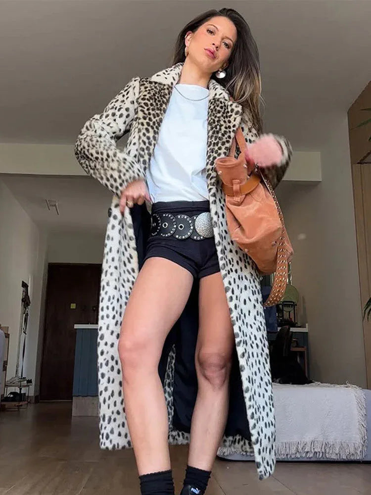 Vintage Leopard Print Faux Fur Long Coat - TEVQA
