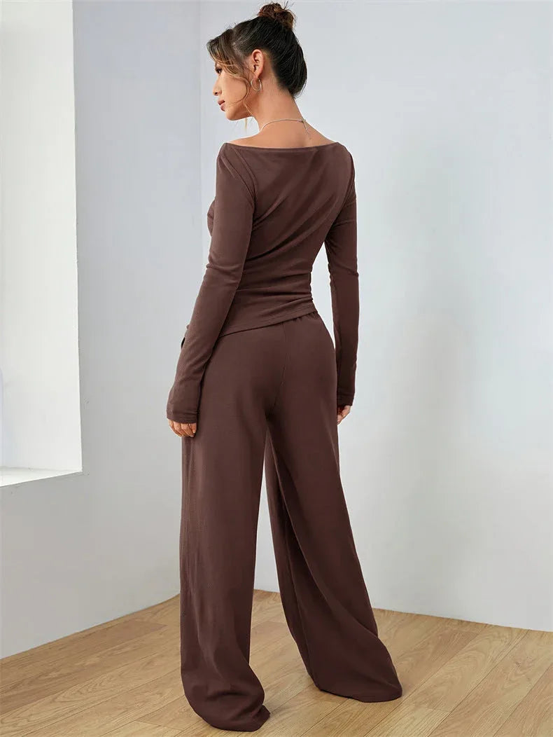 Women's Boat Neck Wide Leg Two-Piece Set - View 22 | TEVQA