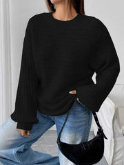 Cloud Grey Ribbed Knit Lantern Sleeve Sweater - View 8 | TEVQA