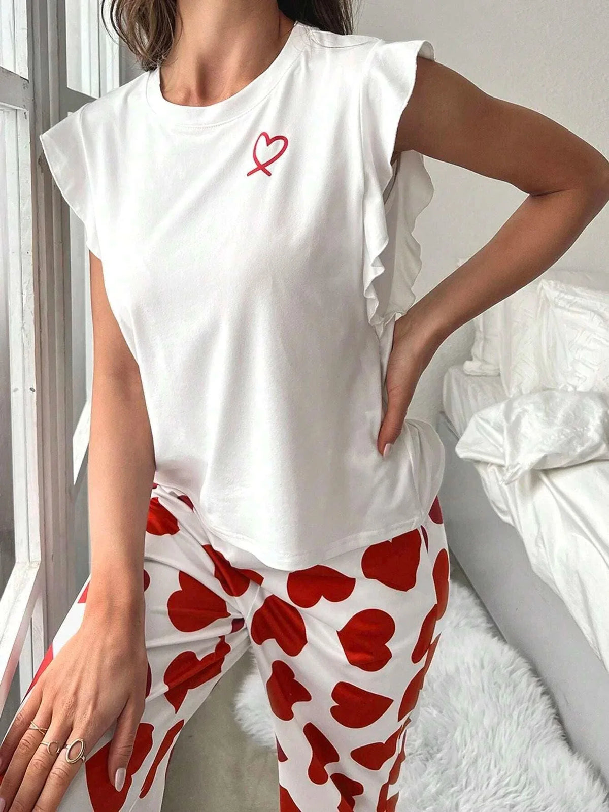 Heart print pajama set with ruffle sleeves - View 17 | TEVQA