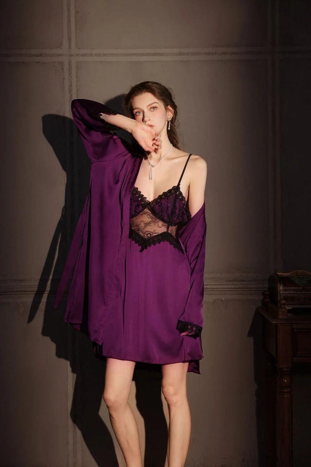 Satin and lace robe and slip set - View 18 | TEVQA