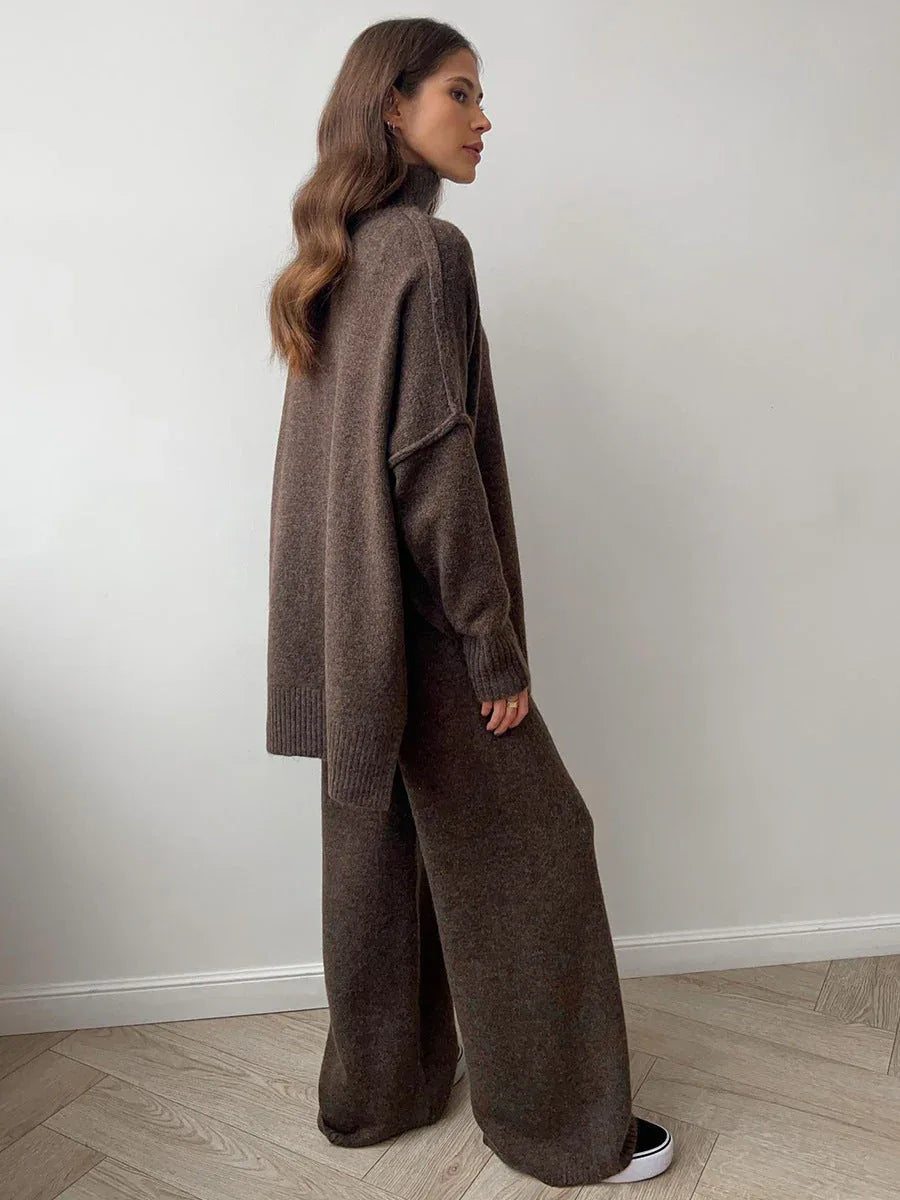 Turtleneck & Wide Leg Knit Two-Piece Set - TEVQA