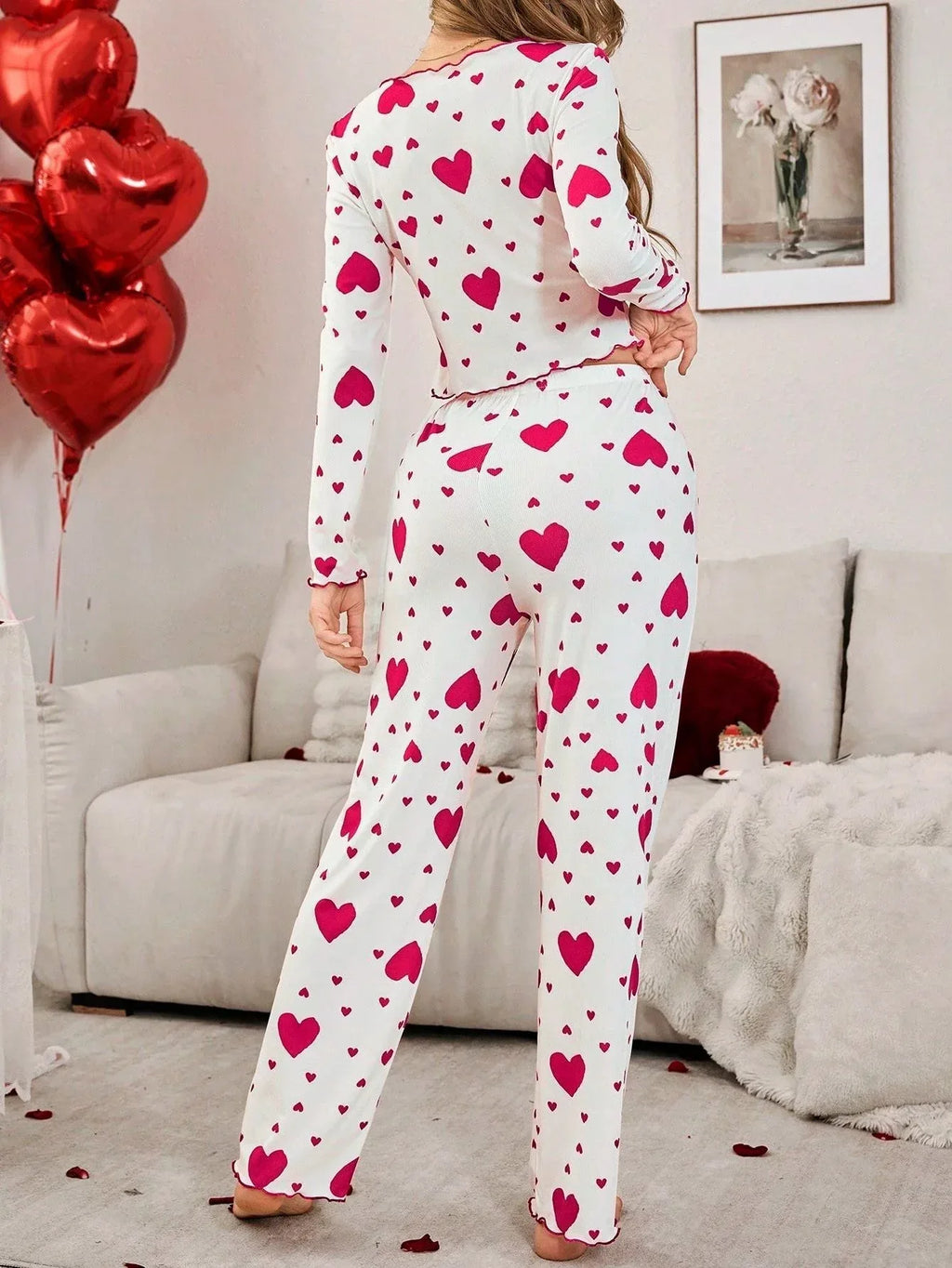 Ribbed Heart Print Pajama Set - View 8 | TEVQA
