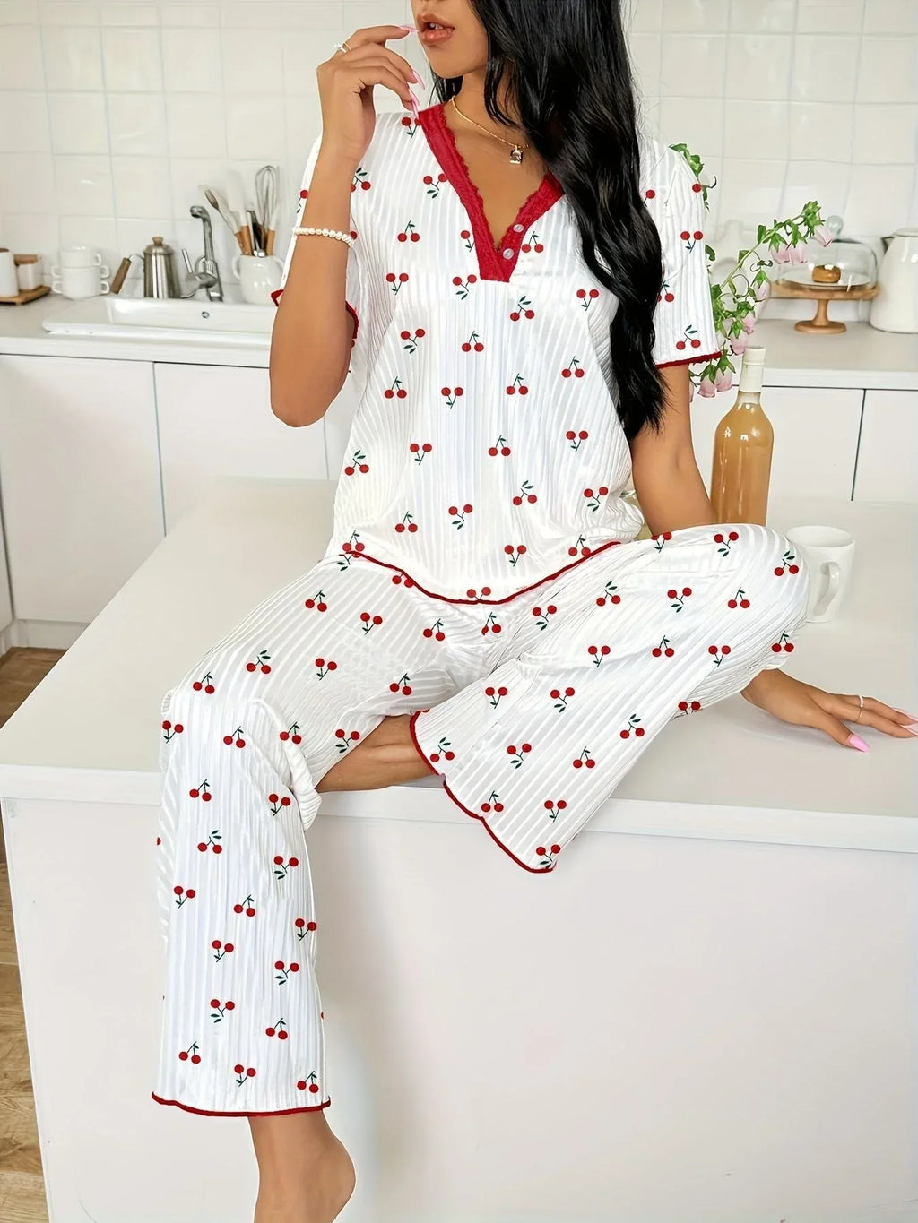 Ribbed Heart Print Lounge Set - View 19 | TEVQA
