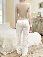 Ribbed knit pajama set with lace trim henley top and crown print bottoms - View 13 | TEVQA