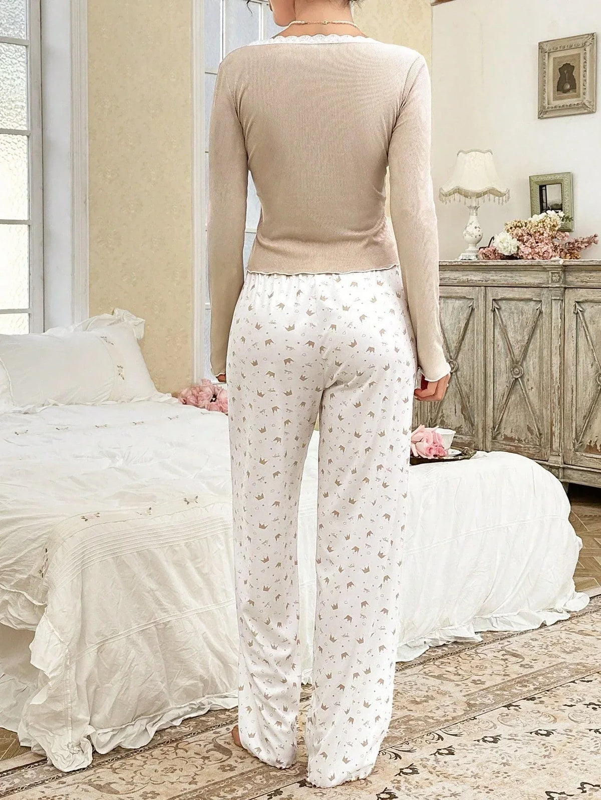 Ribbed knit pajama set with lace trim henley top and crown print bottoms - View 13 | TEVQA