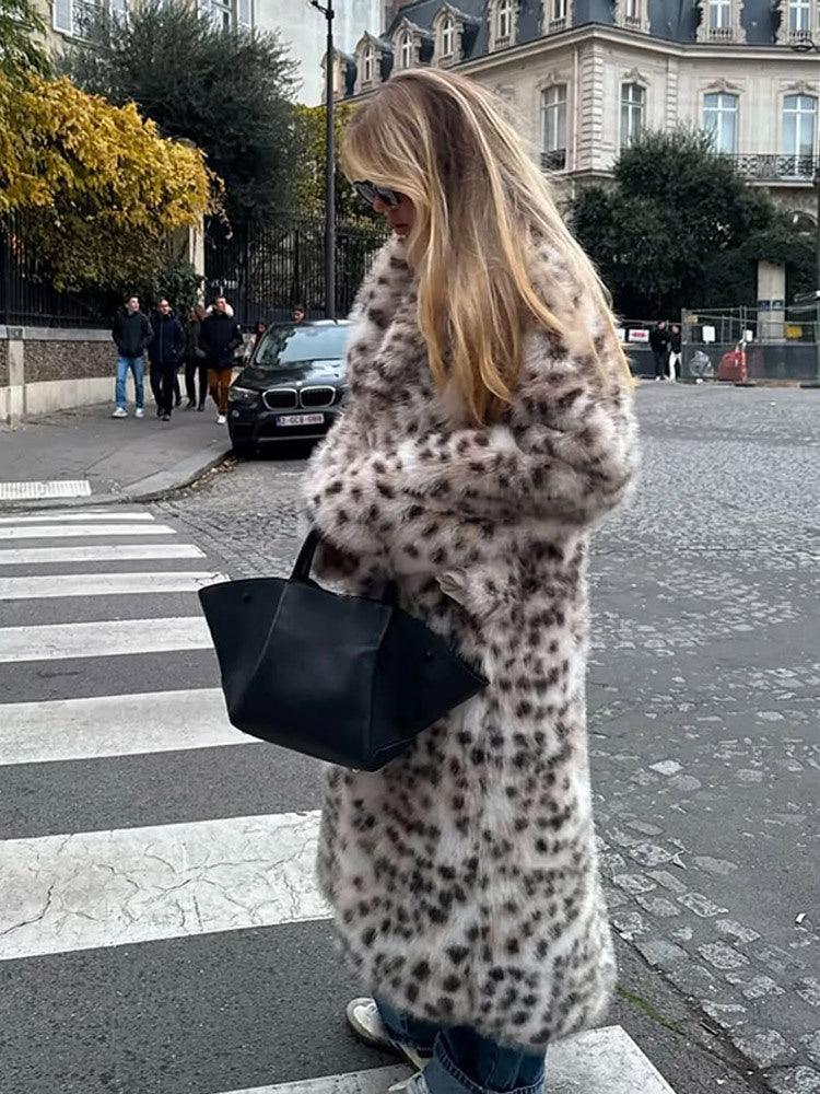 Vintage Leopard Print Long Faux Fur Coat - TEVQA