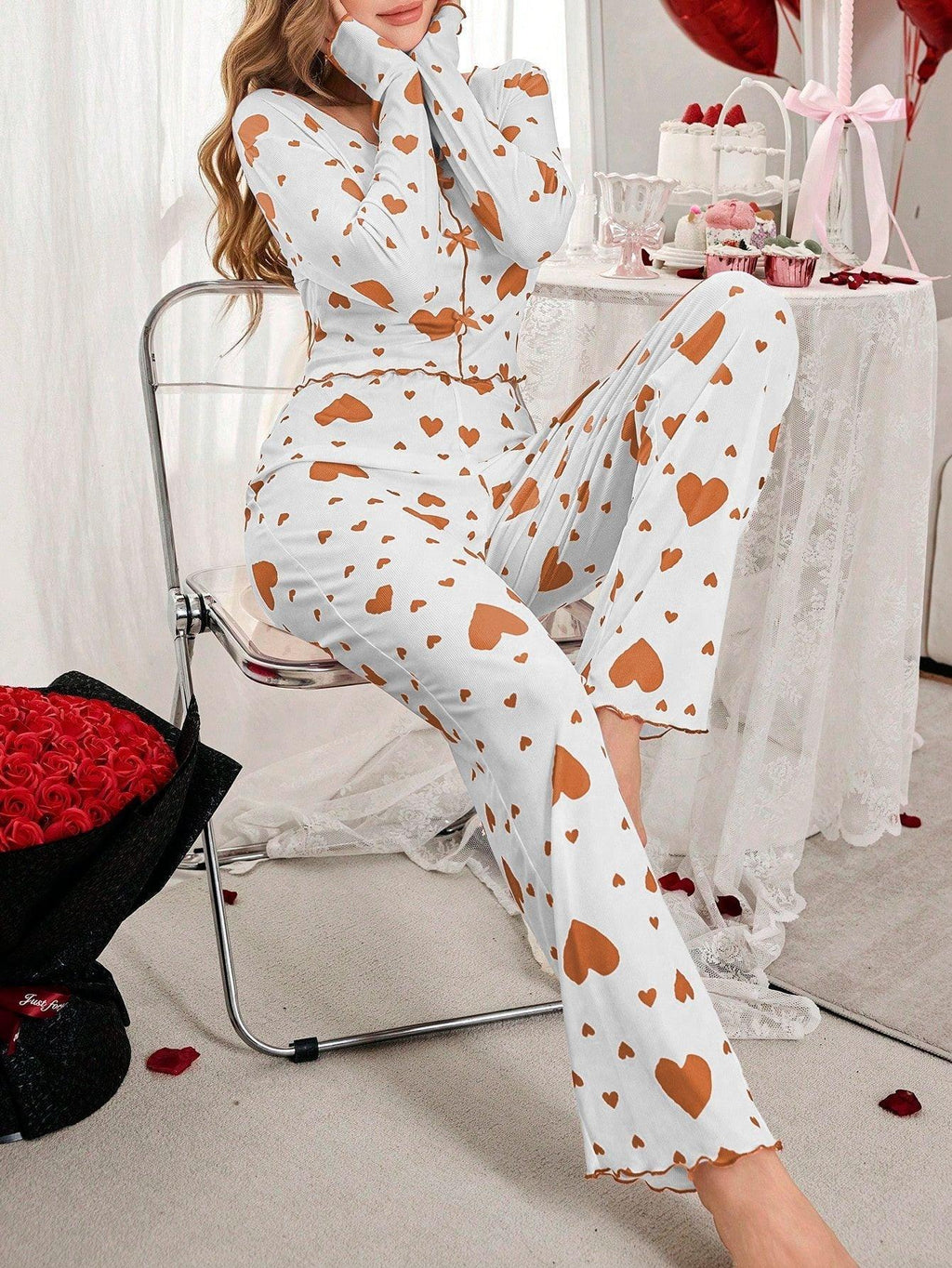 Ribbed Heart Print Pajama Set - View 23 | TEVQA