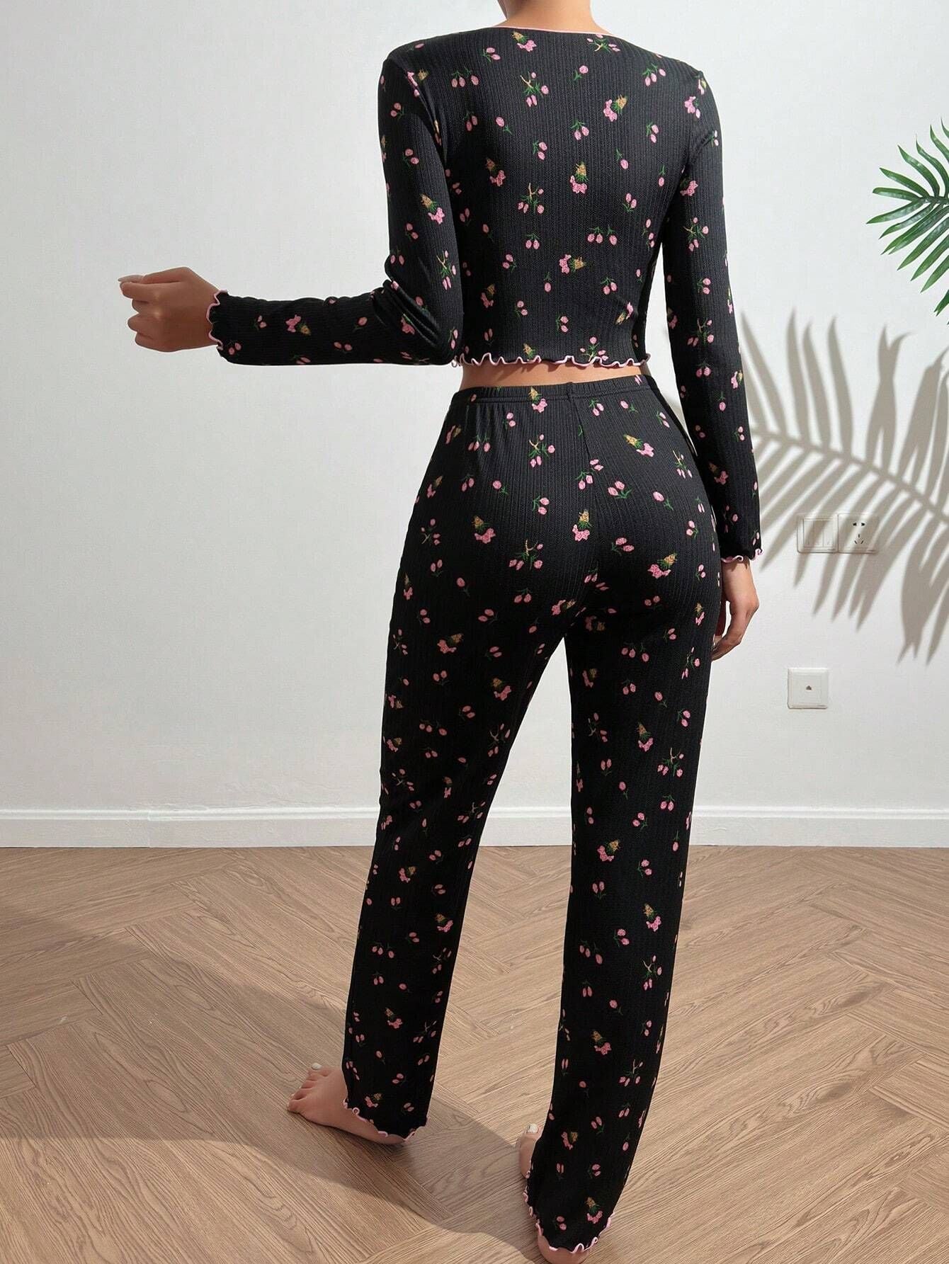 Tulip Floral Ribbed Henley Pajama Set