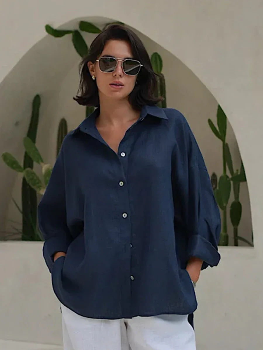 Effortless 100% Cotton Oversized Button Down Shirt - TEVQA