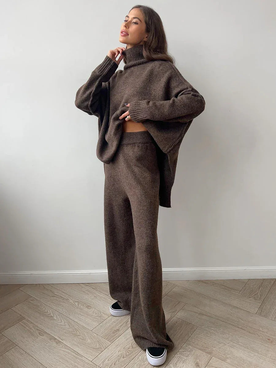 Turtleneck & Wide Leg Knit Two-Piece Set - TEVQA