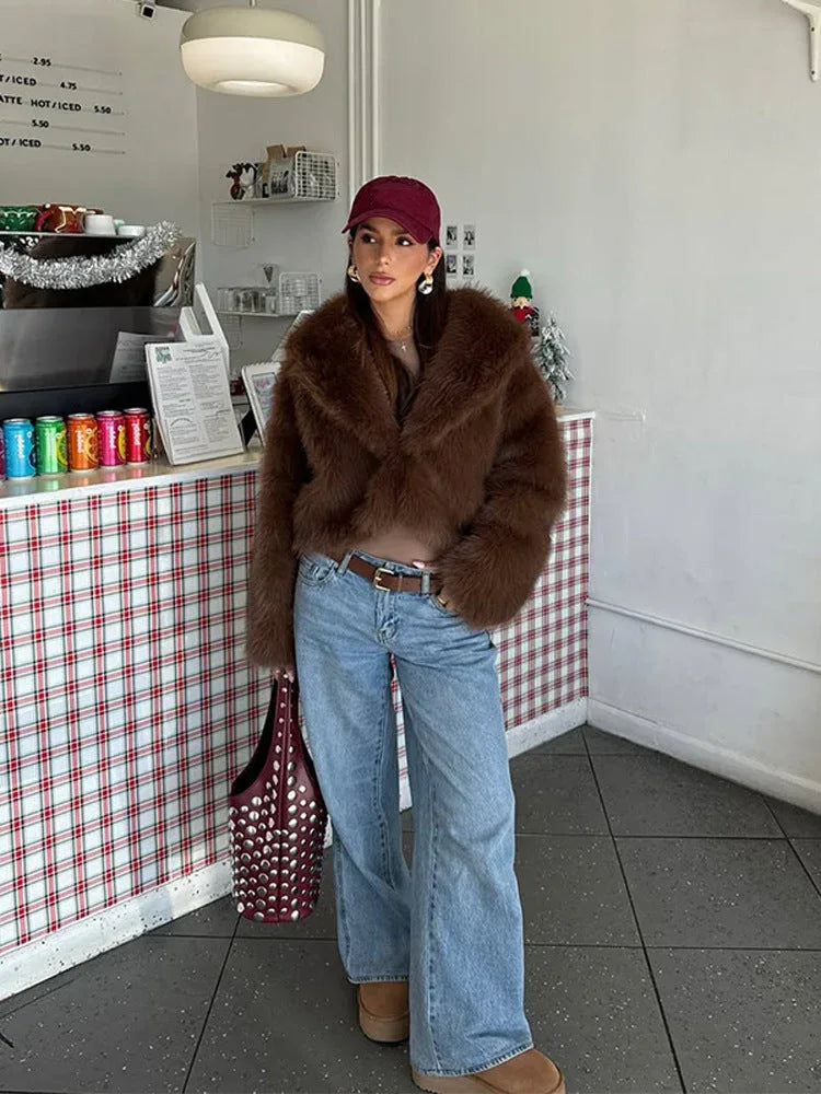 Plush faux fur cropped jacket with oversized lapels - View 10 | TEVQA