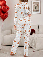 Ribbed Heart Print Pajama Set - View 20 | TEVQA