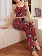 Ribbed cami and pants pajama set with butterfly print - View 15 | TEVQA