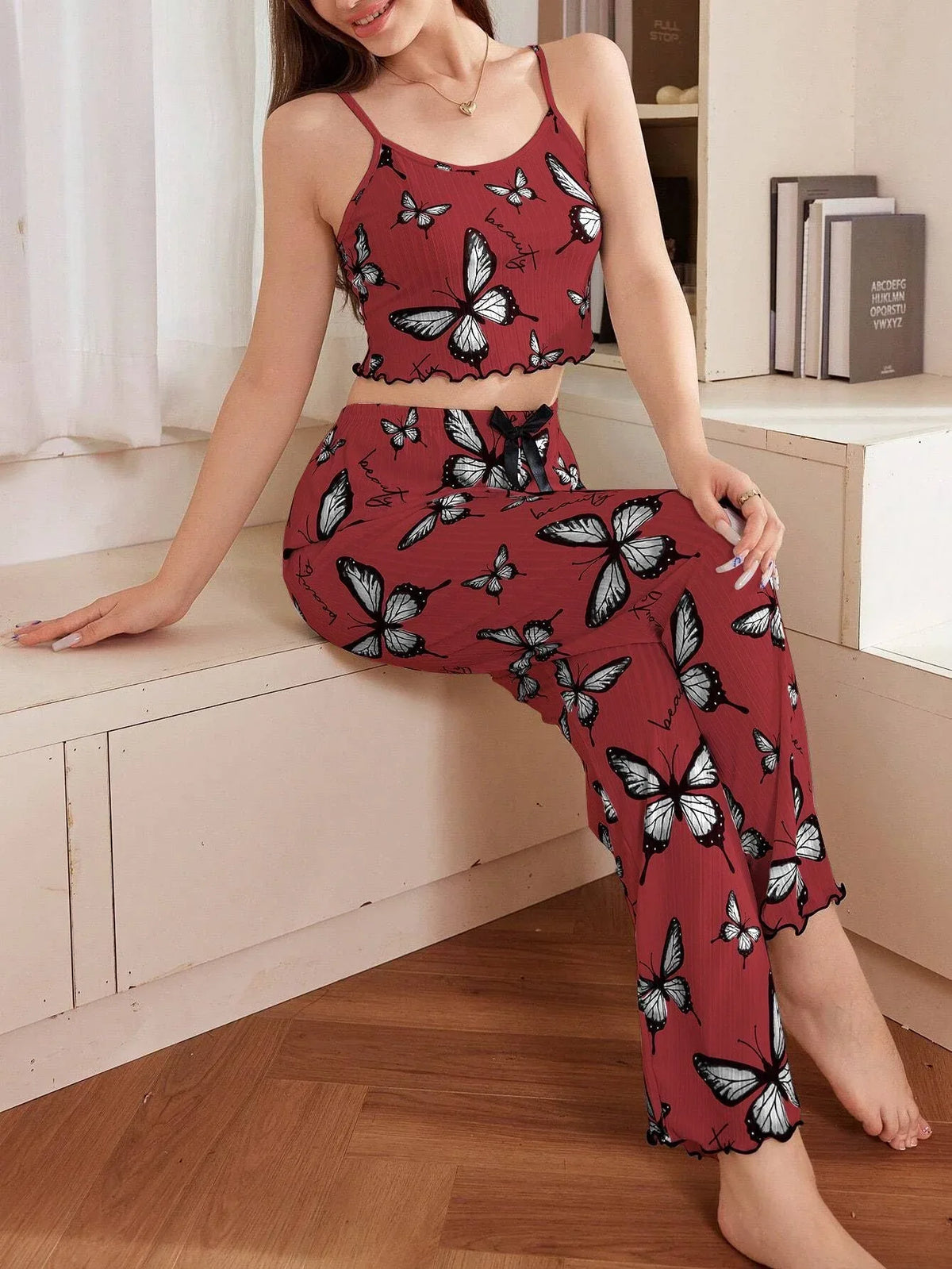 Ribbed cami and pants pajama set with butterfly print - View 15 | TEVQA