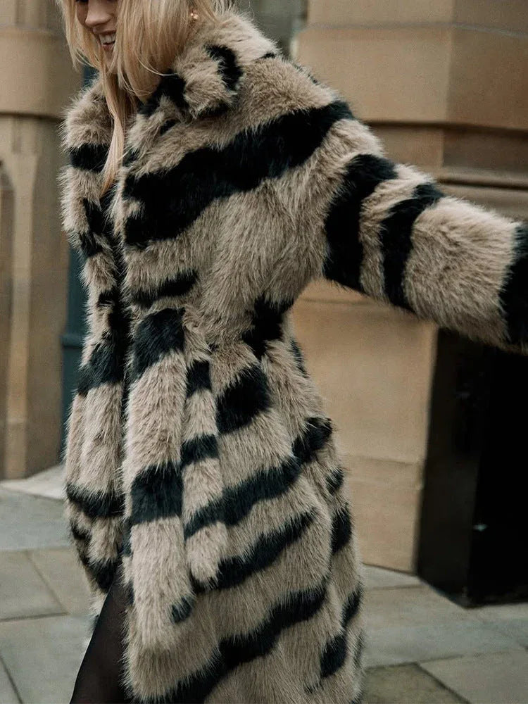 Vintage Zebra Stripe Faux Fur Long Coat - TEVQA