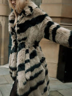 Vintage Zebra Stripe Faux Fur Long Coat - TEVQA