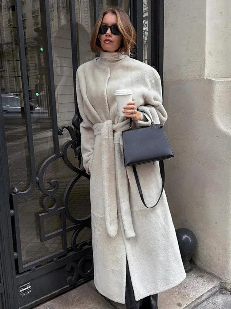 Majestic Cream Belted Faux Fur Long Coat - TEVQA