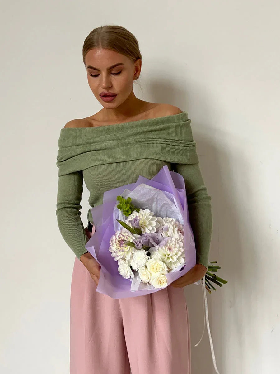 Fold-Over Off-Shoulder Knit Top - TEVQA