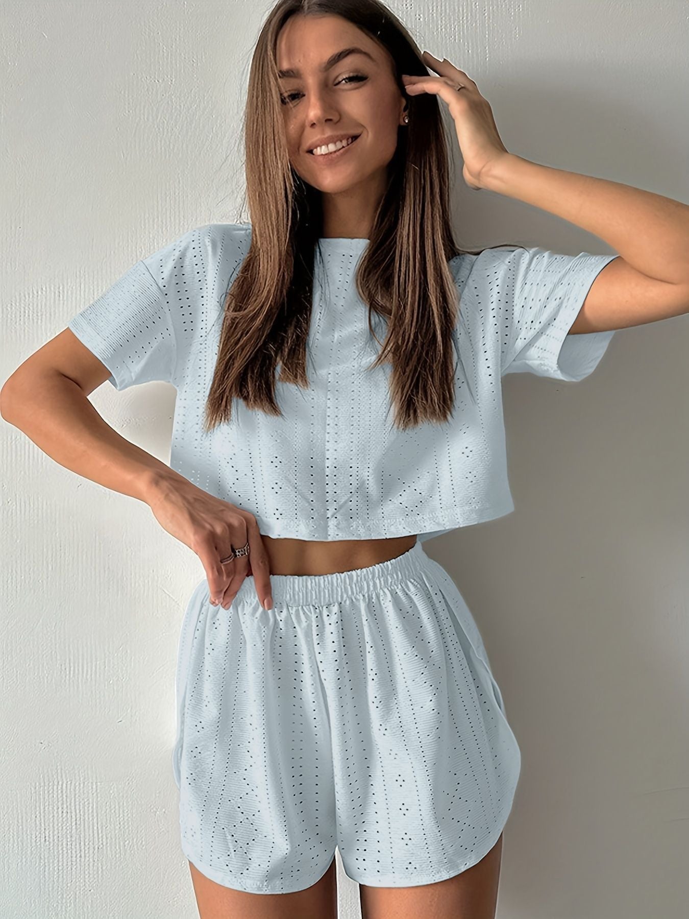 White Hollow Out Eyelet Lounge Set