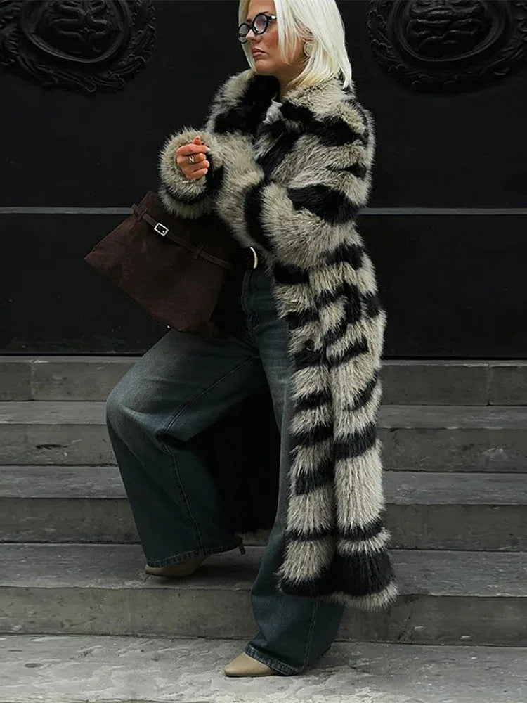 Vintage Zebra Stripe Faux Fur Long Coat - TEVQA