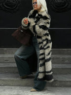 Vintage Zebra Stripe Faux Fur Long Coat - TEVQA