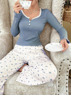 Ribbed knit pajama set with lace trim henley top and crown print bottoms - View 18 | TEVQA