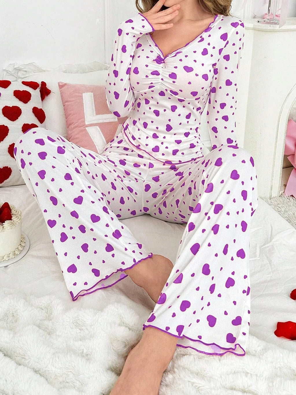 Ribbed Heart Print Pajama Set - View 34 | TEVQA