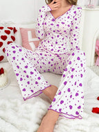 Ribbed Heart Print Pajama Set - View 34 | TEVQA