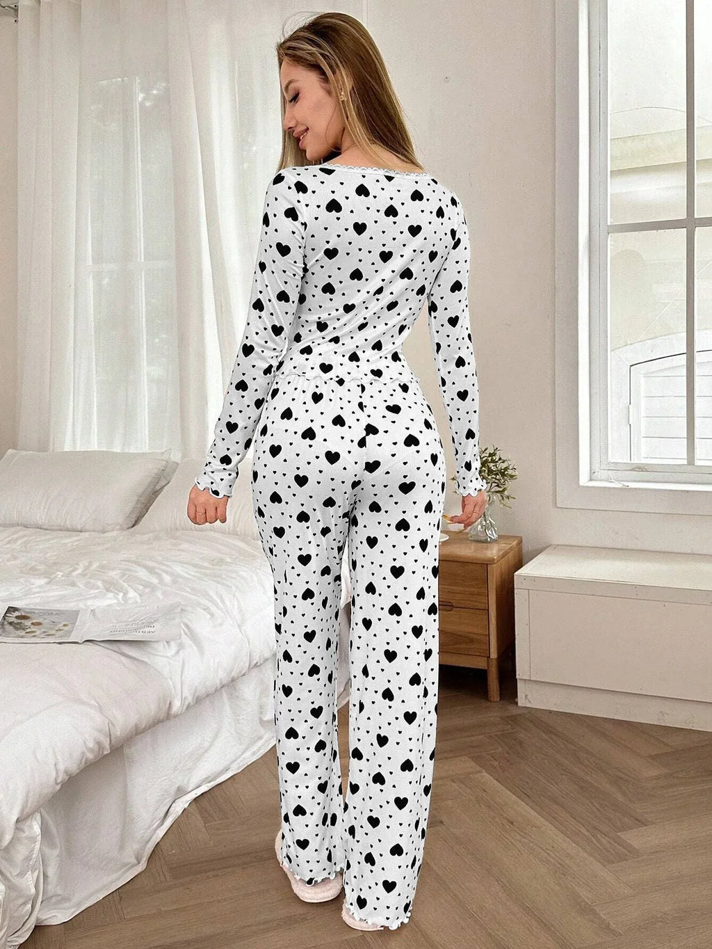 Ribbed Heart Print Pajama Set - View 13 | TEVQA