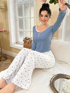 Ribbed knit pajama set with lace trim henley top and crown print bottoms - View 23 | TEVQA