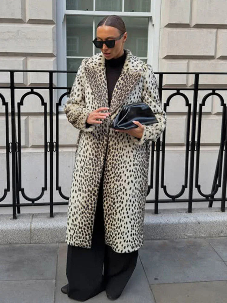 Vintage Leopard Print Faux Fur Long Coat - TEVQA