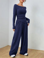 Women's Boat Neck Wide Leg Two-Piece Set - View 16 | TEVQA