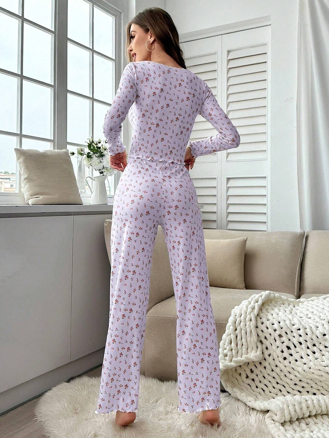 Coquette Ditsy Floral Ribbed Henley Pajama Set