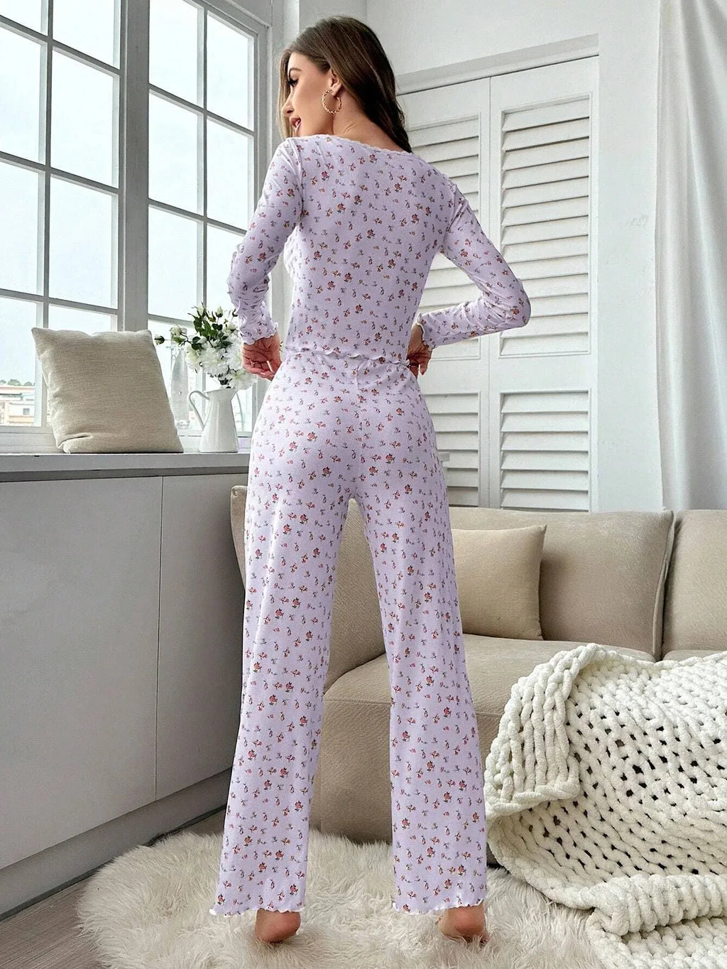 Ditsy floral ribbed henley pajama set - View 19 | TEVQA
