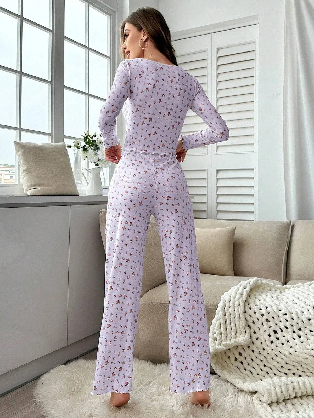 Ditsy floral ribbed henley pajama set - View 19 | TEVQA