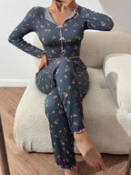 Tulip Floral Ribbed Henley Pajama Set - TEVQA
