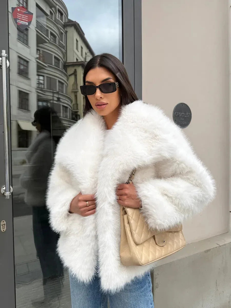Cream Puff Oversized Lapel Faux Fur Jacket - TEVQA