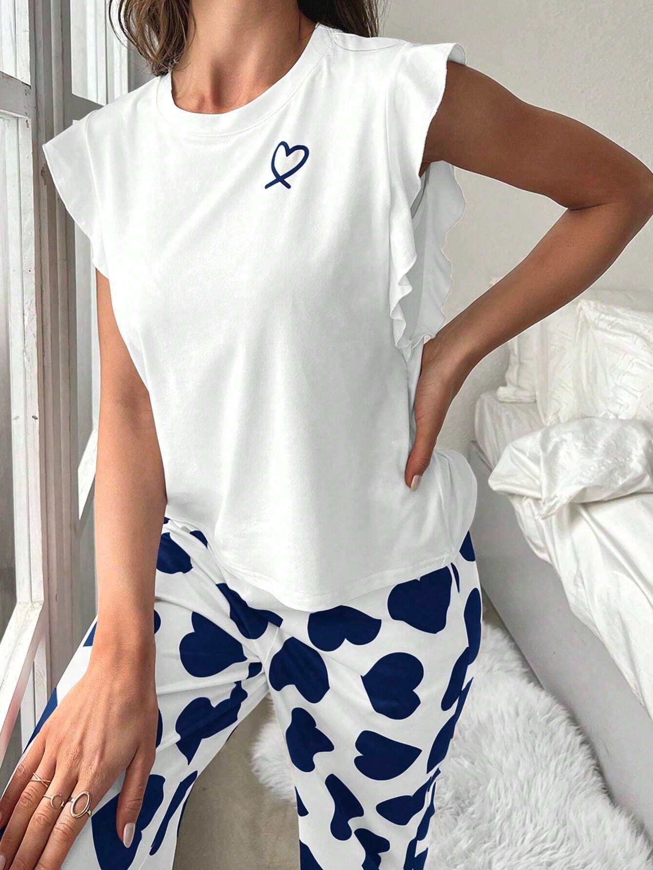 Coquette Pink Heart Print Ruffle Sleeve Pajama Set