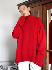 Effortless Oversized High-Neck Ribbed Knit Sweater - TEVQA