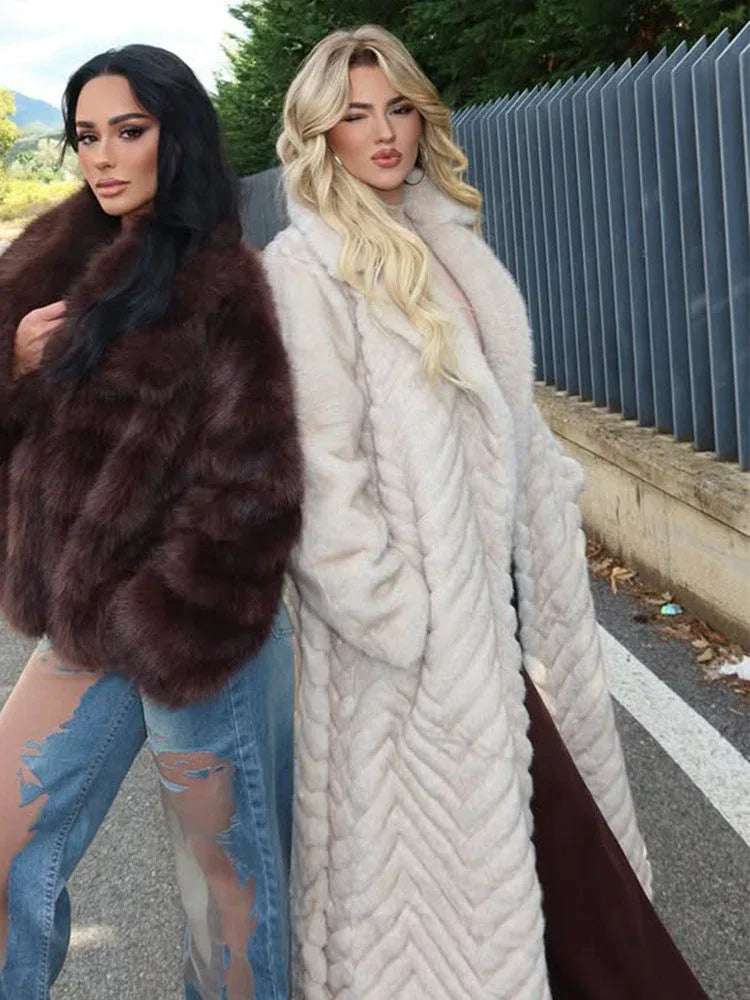 Elegant chevron textured faux fur maxi coat - View 10 | TEVQA
